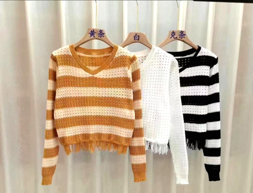 Early autumn women's clothing  new lazy style French retro hollow fringed long-sleeved striped sweater top