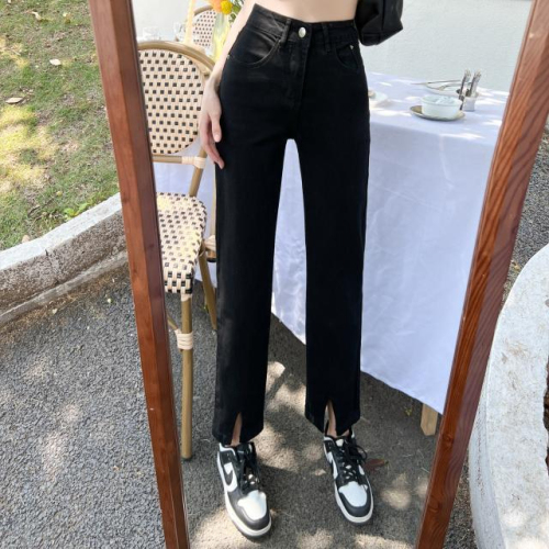 Stretch black slit jeans women's spring and summer high-waist slightly loose and thin straight-leg nine-point pants small cigarette pipe pants