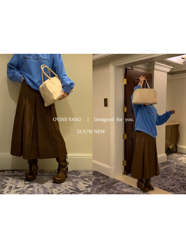【OVINSYANG】呢料加厚手工褶半裙閃裙半身裙9059