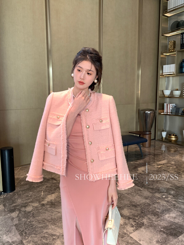2023 early spring new!  【Xiuxixi】Korean style fashion ladies tweed round neck all-match small fragrant short coat 538# ZXX