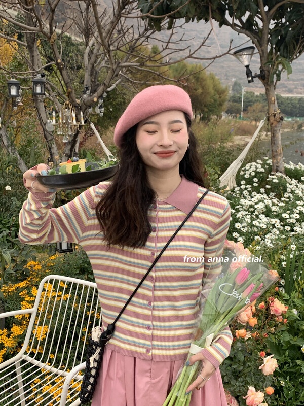 【FROM ANNA/TABLE BLUE】Striped Korean style long-sleeved sweater T6040# LSW