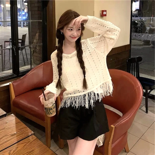 Early autumn women's clothing  new lazy style French retro hollow fringed long-sleeved striped sweater top