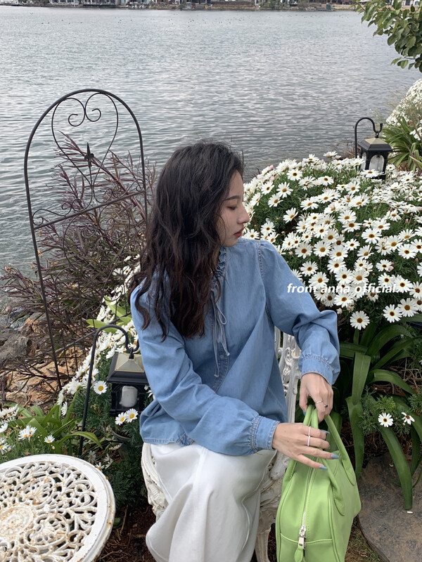 【FROM ANNA/TABLE BLUE】Texture all-match round neck denim shirt 23043# LSW
