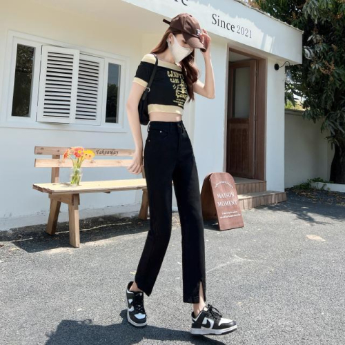 Stretch black slit jeans women's spring and summer high-waist slightly loose and thin straight-leg nine-point pants small cigarette pipe pants
