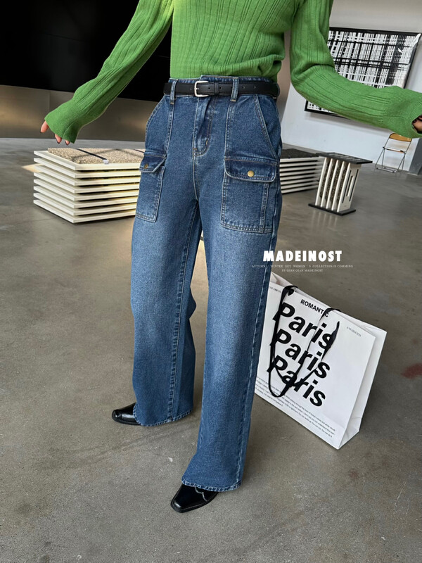 【歐莎MADEINOST】冬季新款復古工裝風口袋設計感直筒牛仔褲  87531#  FHX