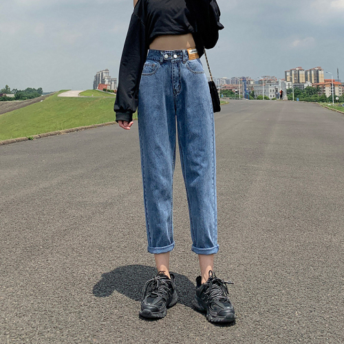 Real shot  small jeans women's loose high waist small straight tube slim dad carrot pants nine points harem pants