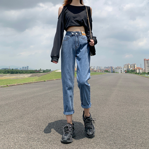 Real shot  small jeans women's loose high waist small straight tube slim dad carrot pants nine points harem pants