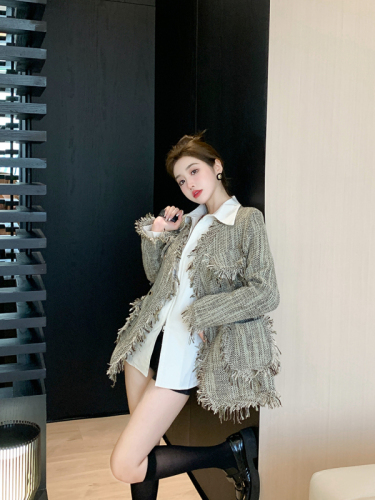 Real shot of small fragrant style high-end loose shirt bottoming all-match tweed fringed long-sleeved short jacket