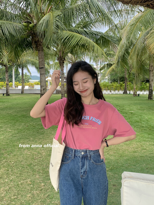 [FROM ANNA/TABLE BLUE] Round neck printed casual short-sleeved T-shirt 23018# LSW