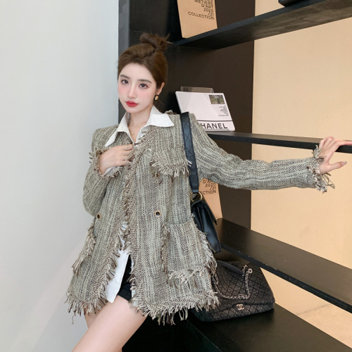 Real shot of small fragrant style high-end loose shirt bottoming all-match tweed fringed long-sleeved short jacket