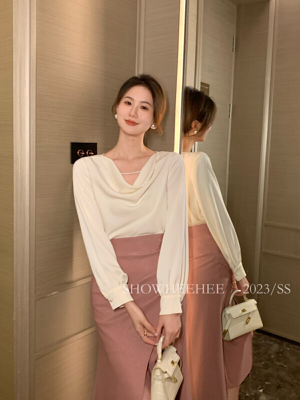2023 early spring new!  [Xiuxixi] Temperament commuting wind swing collar satin all-match shirt (with detachable pearl chain) 9382# ZXX