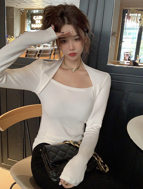 New in early spring of 2023! [SAVAGE] Hot girl style all-match solid color square collar design slim fit long-sleeved T-shirt S2120# LXC