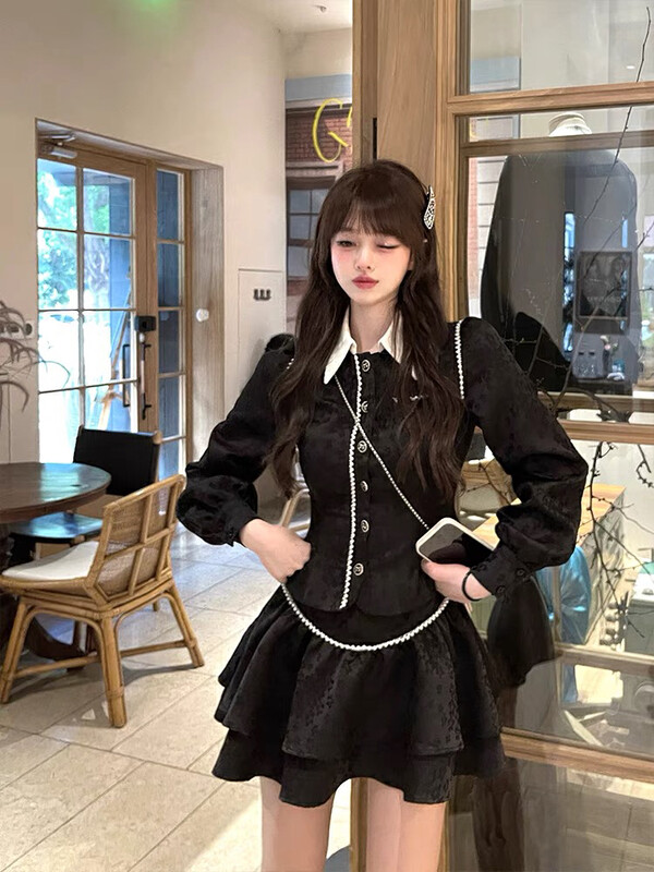 2023 early spring new style! [SAVAGE] French color contrast lapel waist short coat + high waist waist A-line skirt two-piece suit S2118# LXC