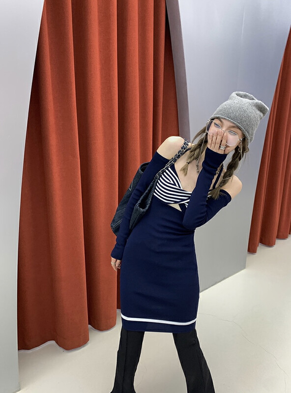 【SAVAGE】Spicy girl style one-shoulder splicing contrast color striped dress S3180# LXC