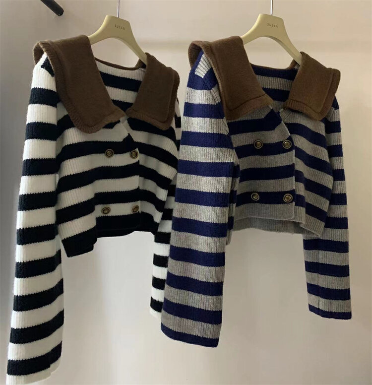 [SUSAN] lapel double-breasted striped sweater 82670# LSW