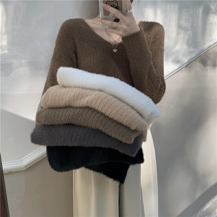 【F·P】Korean imitation mink V-neck lazy style warm sweater 15CX11# HBX