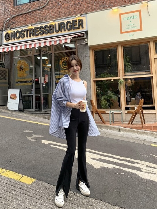 【SAVAGE】Korean all-match solid color high-waist elastic slim-fit trousers with slit design casual pants S2092# LXC