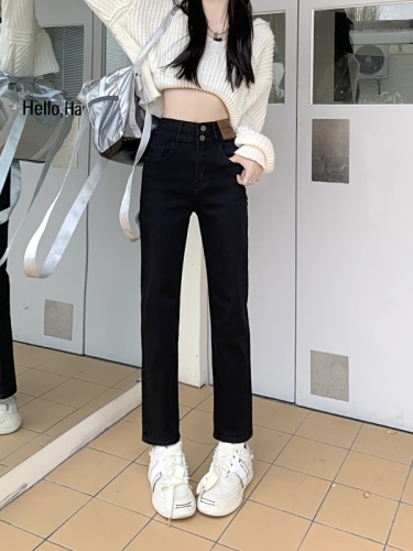 Real shot 2023 spring new high waist elastic thin loose straight tube small cigarette pants jeans women