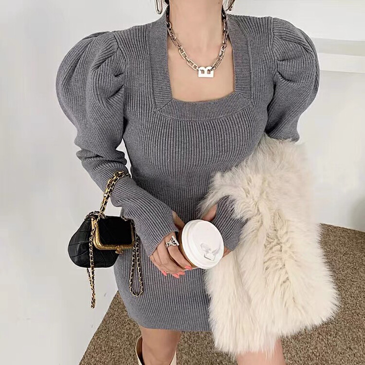 【L.L STUDIO】French square neck puff sleeve hip dress 78737# PCZ