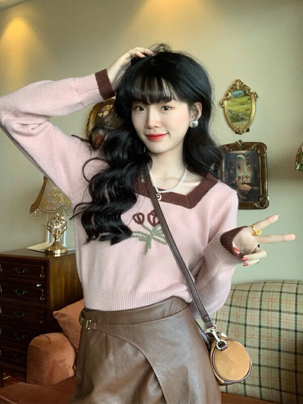 【F·P】氣質女孩方領繡花長袖針織衫  M1329#  HBX