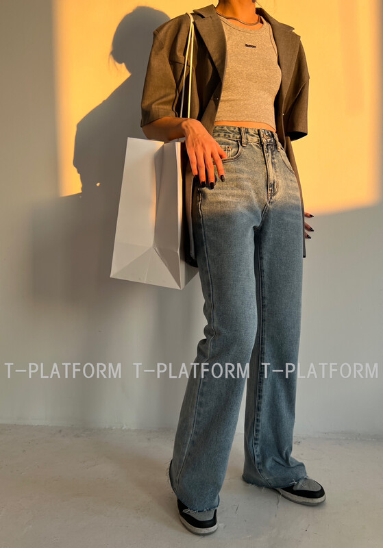【T-PLATFORM】Simple casual frayed denim jeans 35003# CLS