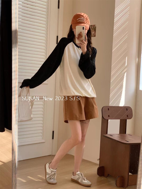 2023 early spring new! [SUSAN] round neck color contrast comfortable and versatile long-sleeved T-shirt B0363# LSW
