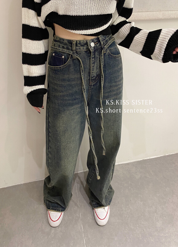 2023 early spring new style! [KS] drawstring washed retro loose jeans (with waist rope) 28507# LSL