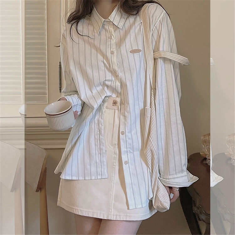 【L.L STUDIO】Korean style vertical stripe loose shirt 78753# PCZ