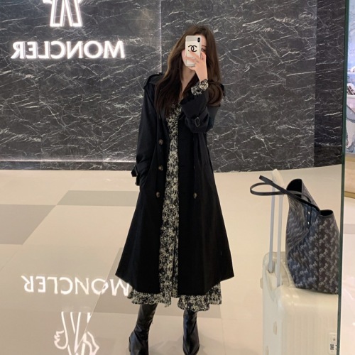 Real price real price double-breasted tie waist mid-length windbreaker jacket + floral dress