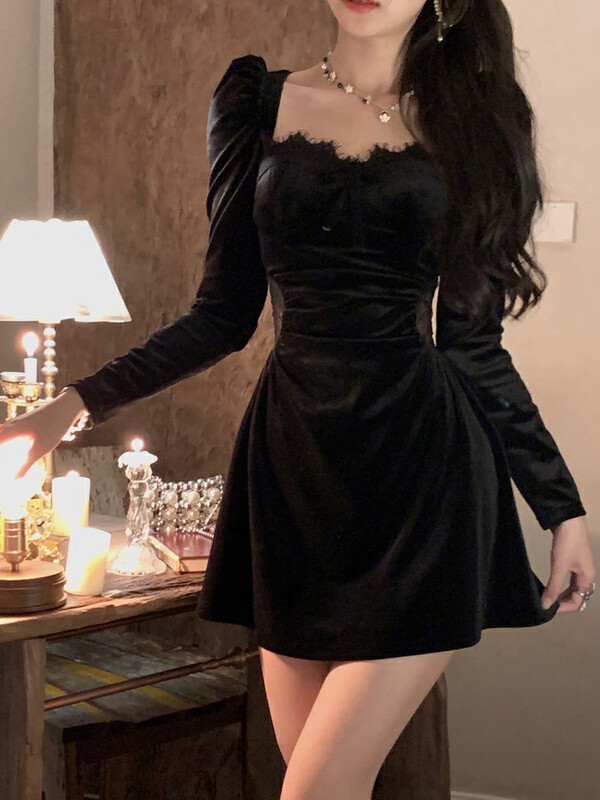 【SAVAGE】French Spice Girl Style Square Neck Stitching Lace Waist Velvet Bow Dress S2069# LXC