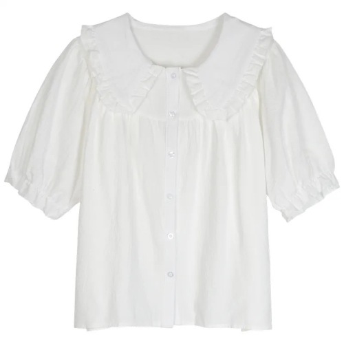 新款短袖衬衣夏季甜美娃娃领白色衬衫女设计感百搭上衣