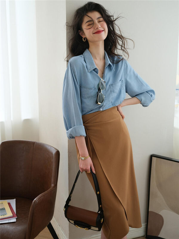 【L.L STUDIO】Korean style solid color denim shirt 78786# PCZ