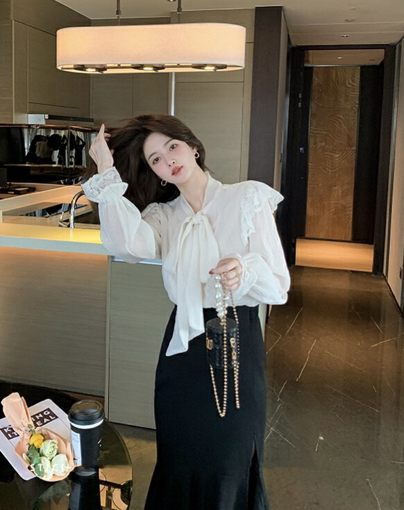 2023 early spring new style! [SAVAGE] French style lace-up bowknot splicing lace fungus trumpet sleeve shirt S2098# LXC