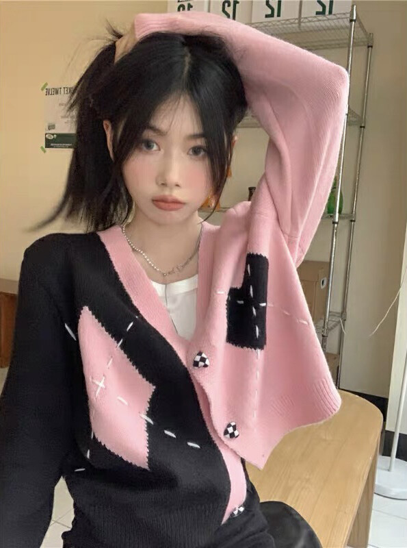 [F · P] Poker Sweetheart Color Matching Short Knitted Cardigan 6572 # HBX