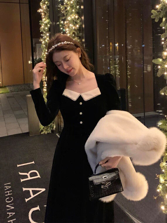 【L.L STUDIO】French retro Hepburn style velvet waist dress 78745# PCZ