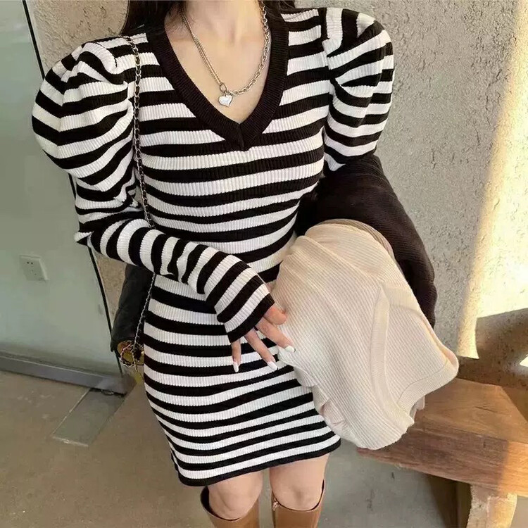 【L.L STUDIO】Korean v-neck puff sleeve knitted striped dress 78733# PCZ