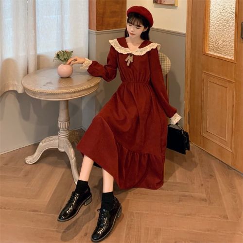 Retro long-sleeved lace dress for girls doll neck A-line skirt