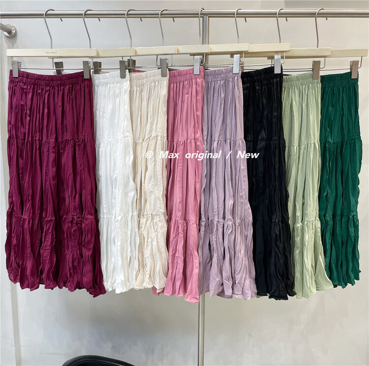 【MAX ORIGINAL】Elastic waist solid color pleated skirt 99155# HBX