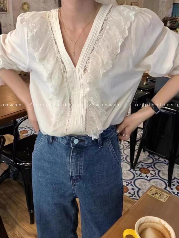 2023 early spring new! 【WANWAN】Korean style V-neck lace stitching shirt YS1-6925# HBX