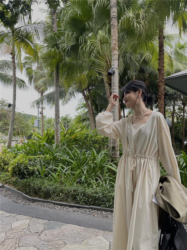 【SOUL】Simple solid color pleated long-sleeved dress 6695311l# CLS