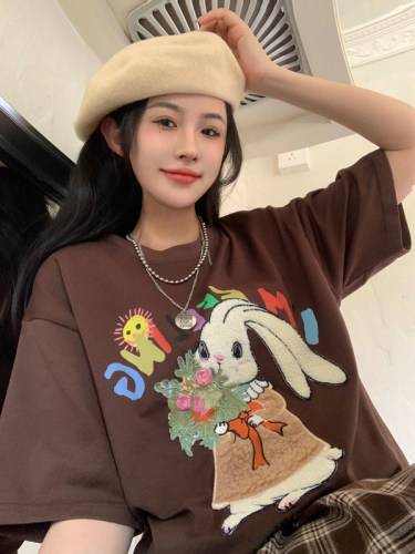 Real shot real price~ Cartoon bunny heavy industry embroidery advanced design sense short-sleeved T-shirt women's loose round neck top