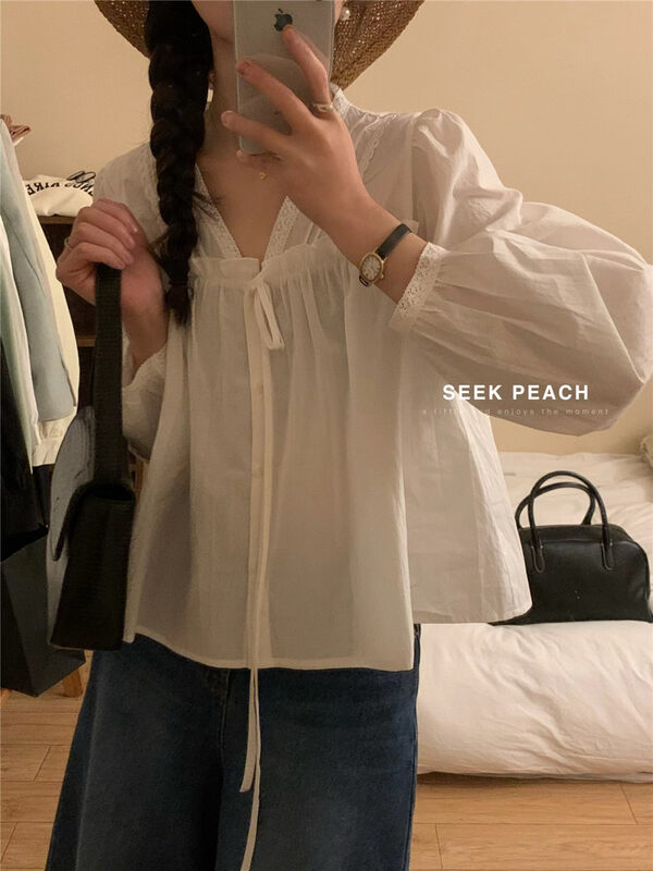 2023 early spring new! [SEEK PEACH] V-neck comfortable and versatile solid color shirt 5916# L