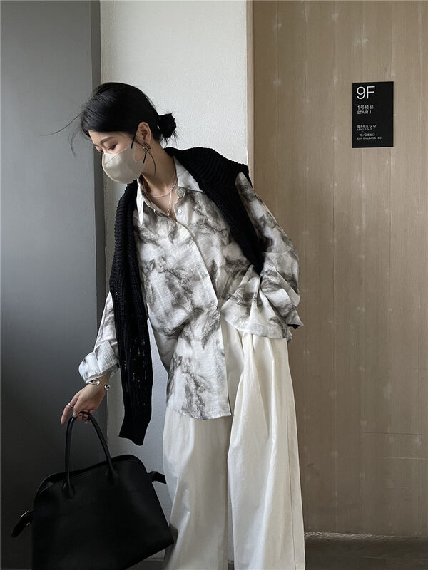 2023 early spring new! [SOUL] Ink painting retro long-sleeved loose shirt 6621# CLS