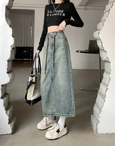 Real shot denim skirt female  spring new high waist thin skirt small man all-match a-line mid-length skirt