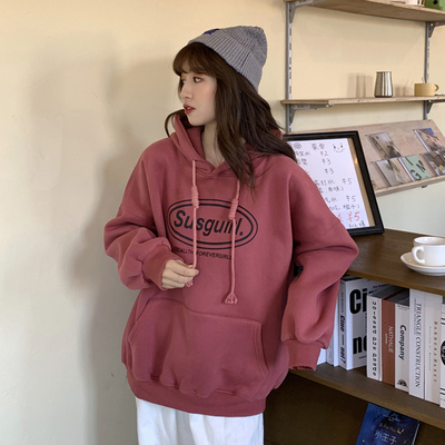 Plus velvet autumn and winter new Korean version of loose plus velvet thickened letter printing mid-length long-sleeved sweater top female students