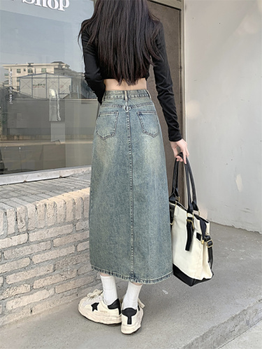 Real shot denim skirt female  spring new high waist thin skirt small man all-match a-line mid-length skirt