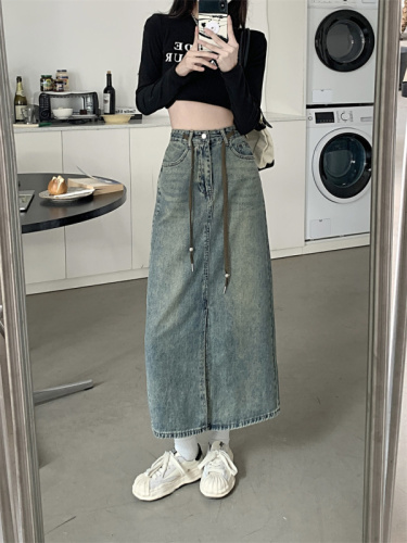 Real shot denim skirt female  spring new high waist thin skirt small man all-match a-line mid-length skirt