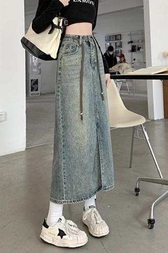 Real shot denim skirt female  spring new high waist thin skirt small man all-match a-line mid-length skirt