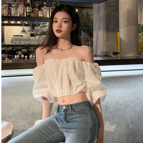  summer new jacquard tube top one word collar puff sleeves strapless sexy sweet hot girl short top women