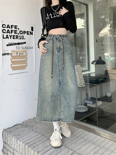 Real shot denim skirt female  spring new high waist thin skirt small man all-match a-line mid-length skirt